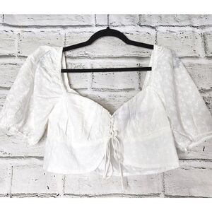 Blanc White Puffy Short-Sleeved Lace-up Cropped Blouse Womens Size Large Eyelet